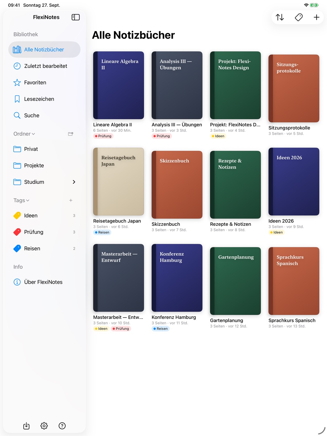 Bibliothek mit Ordnern, Tags und Notizbüchern